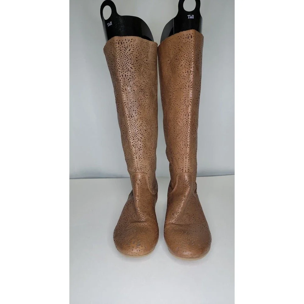 Sundance Stardust Tall Tan Brown Leather Boots Laser cut EU 41, US 9.5 - Picture 2 of 10